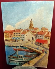 Peinture naïve – Port de Saint-Tropez – Attribuée à Francis Rell – Signée FR