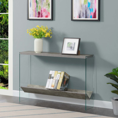 Console Table Faux Birch Tempered Glass Slanted Bottom V-Shelf Living Room Decor