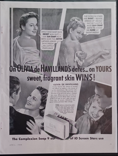 1940 Lux Toilet Soap Vintage Print Ad 1940s Screen Star Olivia de Havilland