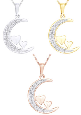 1/10 Ct Round Cut Natural Diamond 14K Gold Plated Silver Moon Pendant Necklace