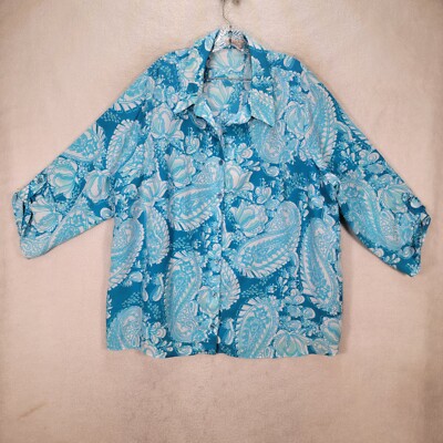 White Stag Womens Top Plus Size 4X Blue Paisley Roll Tab Sleeve 2 in 1 Blouse