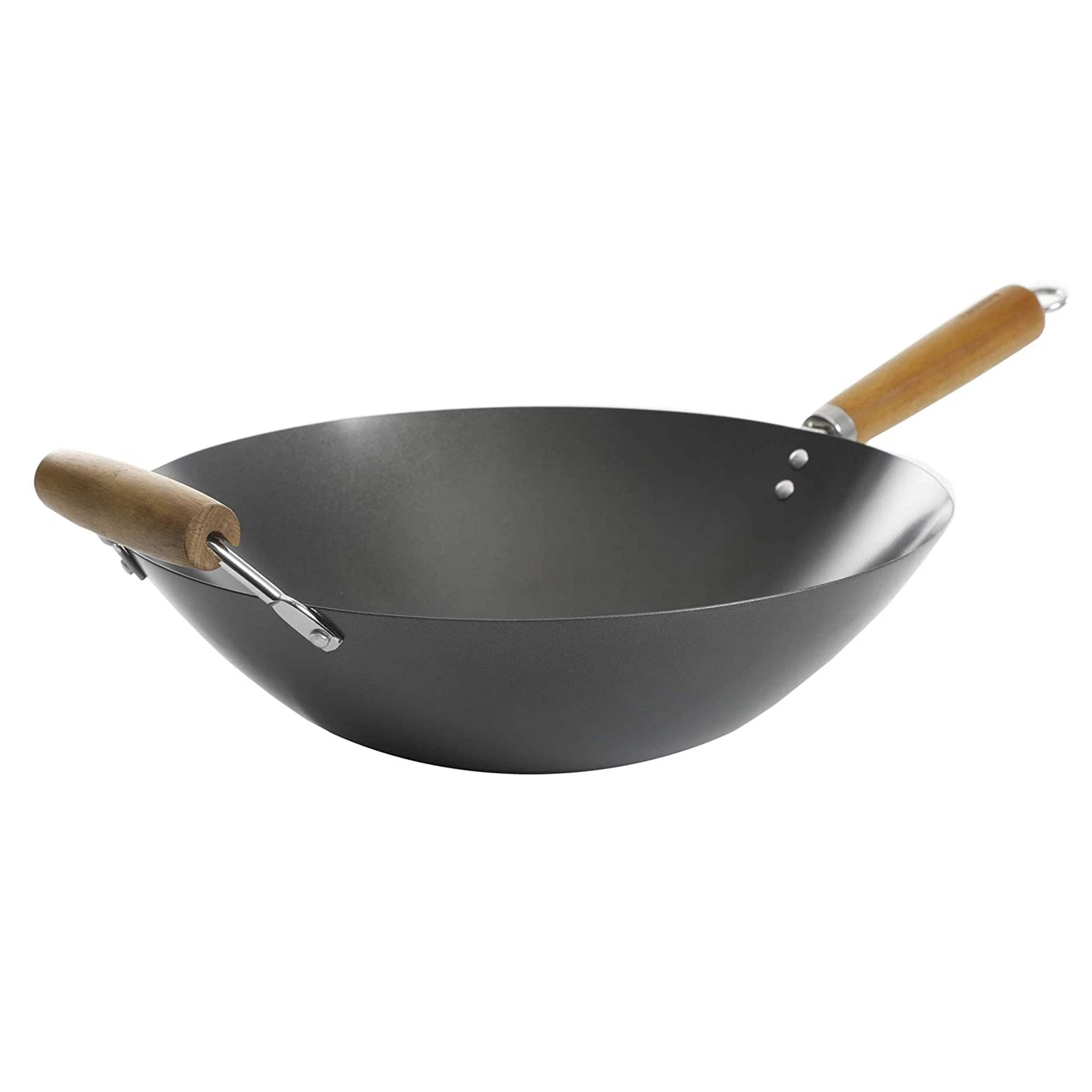 Kenmore Hammond 14" Flat Bottom Carbon Steel Wok in Black w Wooden Handles