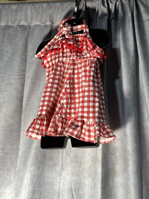 open lace back dress Red Gingham Strawberry Bib Collar Dress