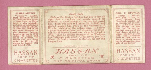 Baseballkarte 1912 T202 Hassan Dreifachordner Stahl Safe Stovall/Austin - Bild 2 von 2