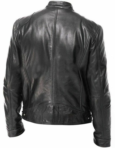 New Mens Vintage Biker Cafe Racer Retro Black Motorcycle Slim Fit Leather Jacket - Picture 2 of 3