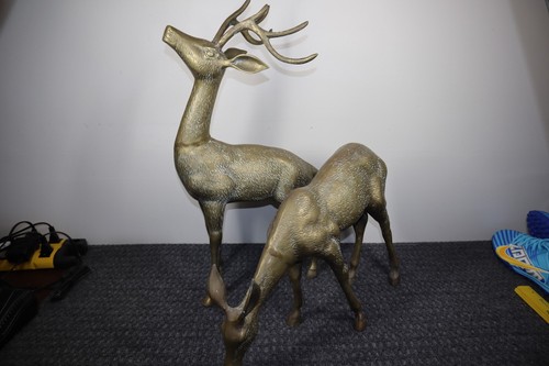 Vintage Brass Deer Pair Buck 23" T Doe 13" T Large Heavy Mid Century Statues