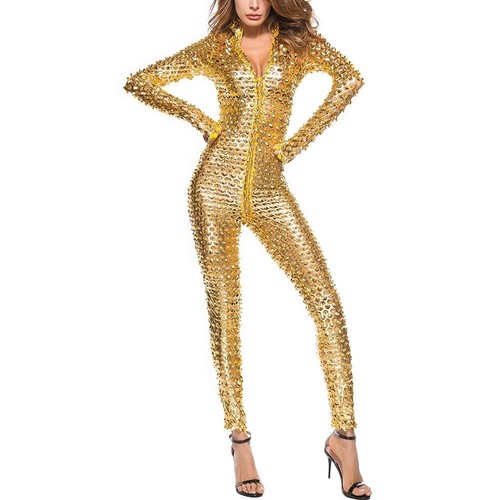 Body donna metallizzato lucido tuta zip trasparente ecopelle catsuit clubwear - Foto 16 di 17