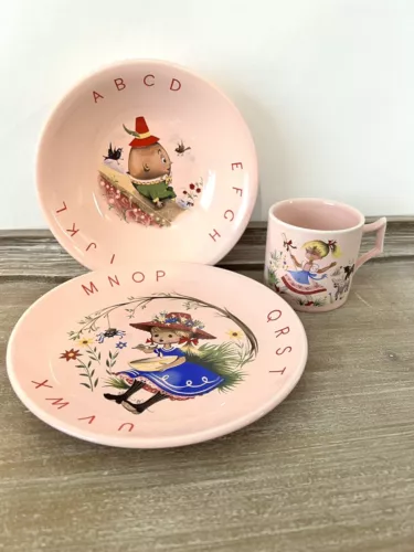 Vtg James Kent Old Foley England Nursery Rhyme Cup Bowl Plate Set Pink Alphabet