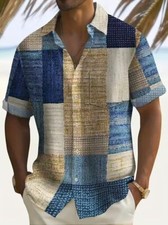 Plus Size Button Up Shirt Big Tall Contrast Color Block Blue Brown Casual Dress
