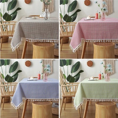 Nordic Plaid Fresh Tablecloth with Lace Hem Cotton Linen Map for Desk Soft Cover