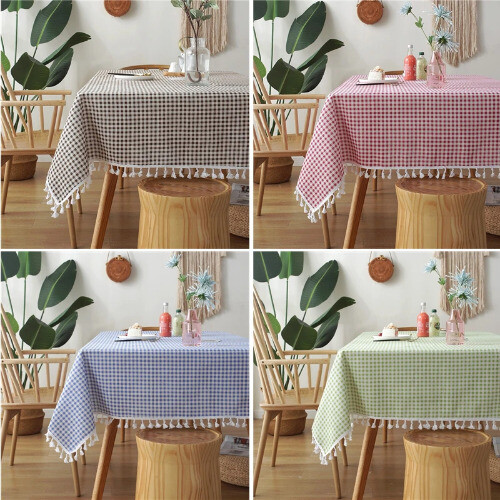 Nordic Plaid Fresh Tablecloth with Lace Hem Cotton Linen Map for Desk Soft Cover