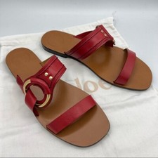 New CHLOE Demi Flat Leather Slides Sandal shoes Size 39.5 9 US Red  Brown