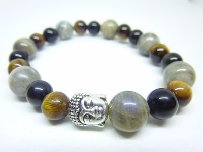 BRACELET PROTECTION EXTREME OEIL DE TIGRE-OBSIDIENNE OEIL CELESTE-LABRADORITE 8M