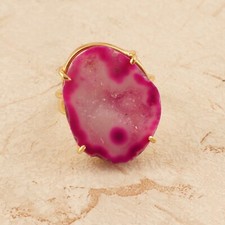 Natural Pink Double Layer Ring Geode Druzy Gold Plated Statement Adjustable Ring