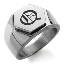 Stainless Steel Old English Monogram Letter Q Mens Hexagon Crest Signet Ring