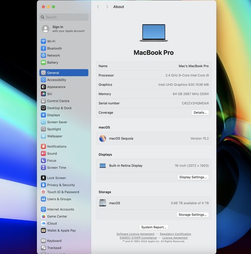 Apple MacBook Pro Retina 16” 2019 - 4TB SSD 64GB Ram 2.4GHz 8-Core i9 5500M 8GB - Picture 18 of 19