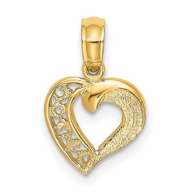 14K Yellow Gold Open Filigree Mini Heart Shape Charm Pendant L 13.9mm, W 9.9mm