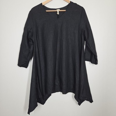 Comfy USA Black Linen Tunic Top Asymmetrical Hem Lagenlook Boho Artsy Small