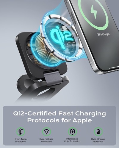 Cargador de viaje 3 en 1 certificado Qi2 compatible con MagSafe, cable plegable mejorado... - Imagen 2 de 9