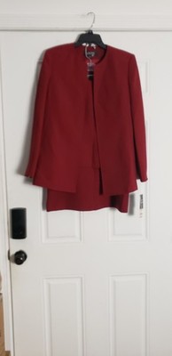 Kasper Women's Red 3-Piece Skirt Suit Set Size 10 Collarless Lined Long Sleeve