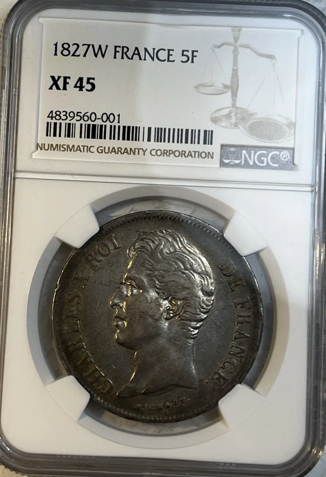 Rare France 1827 W Silver 5 Francs NGC Certified XF45 KM#728.13 - Image 4 of 4