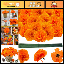 100 Pcs Silk Orange Marigold Flower Heads with Stems for DIY Decor, Wreaths, Gar