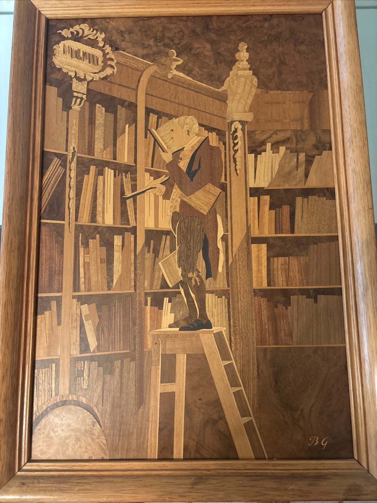 Wood Inlay Panel Art. “ Tge Bookworm”