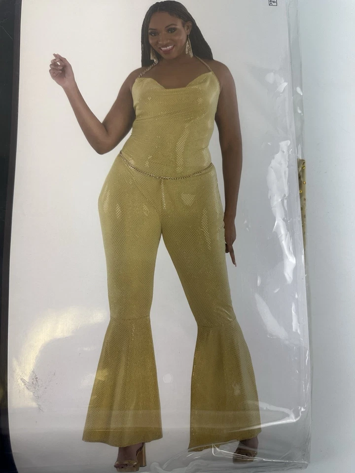 Mono Discoteca Disfraz Dorado Amarillo Lentejuelas Acampanadas Pierna Mujer Adulto Plus 18-20 Nuevo Foto 2 de 4