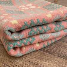Vintage Welsh wool tapestry blanket bedcover 74 x 62 inch pale pink green 