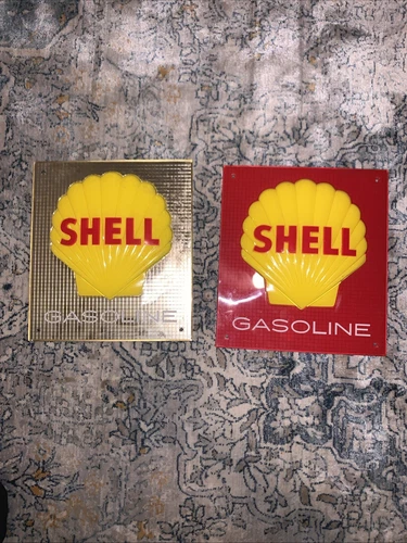 2 Vintage Signs Shell Gas Pump  Hard Plastic  12 x 11 Inch.  Gas Station