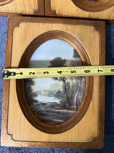 Vintage 9x7,5" Gerahmte Intarsien Holz Italienische Drucke X3. Ovale dicke Glasscheiben. - Bild 4 von 16