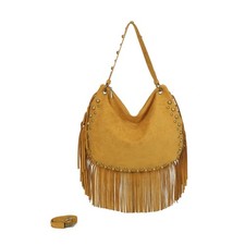 Tassel Suede Hobo Shoulder Bag with Studs and Fringes - Boho Chic Zip Closure Pu