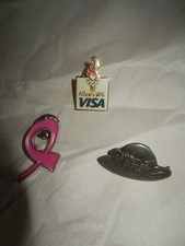 Lot of 3 - Vintage Metal Accent Lapel Pins-1996 Atlanta Visa, Pink Cancer & Hat