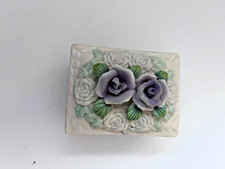 White Bisque Lavendar Roses Glass Trinket Jewelry Box Collectible Mother Day