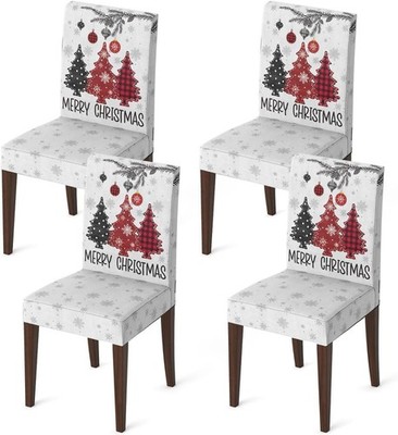 Christmas Chair Covers Set of 4, Red Pine Trees Stretchable Washable Decor