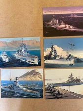 5 FIVE ROYAL NAVY BATTLESHIPS NAVAL art postcards HOOD, RESOLUTION,HOWE ANSON