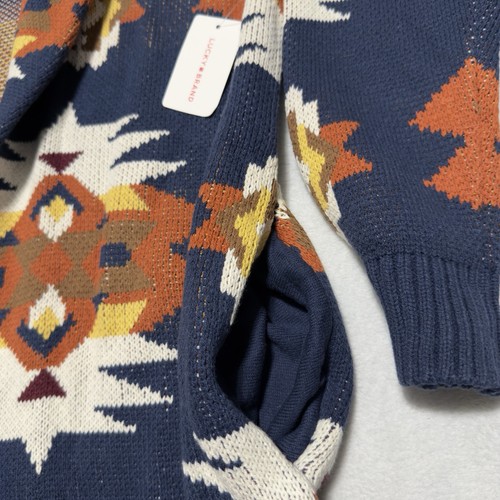LUCKY BRAND maglione donna grande cardigan sud-ovest azteco collo sciallato blu - Foto 4 di 11