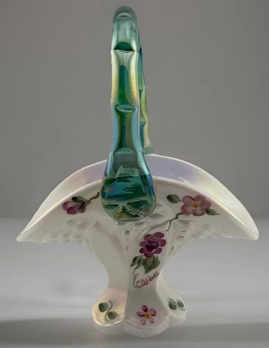 Fenton Iridized Milk Glass Hand Painted Mini Basket Spruce Green Handle - Signed
