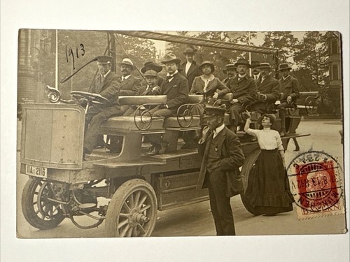 1913 Autobus all'aperto Germania RPPC foto reale cartolina Francia vintage - Foto 1 di 17