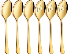 6-Piece Gold Serving Spoons, Stainless Steel Gold Slotted Spoons, Serving Utensi
