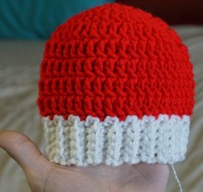 Crochet Baby Beanie Red w/ White Stretchable Ribbed Brim 6" Flat