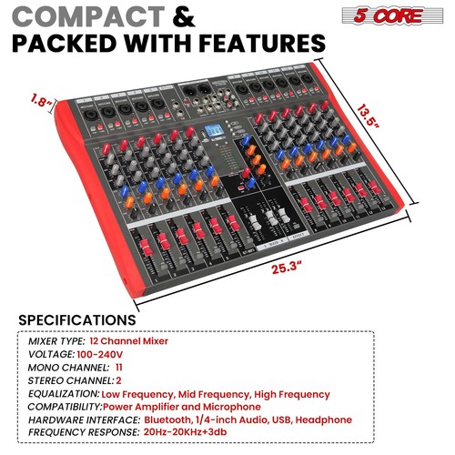 5Core Audio Mixer 12 Channel DJ Soundboard USB Interface Bluetooth XLR Console - Picture 12 of 15