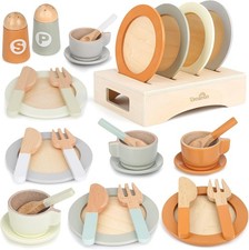 Wooden Play Dishes and Plates for Kids Kitchen Set, 27 PCS Wooden Play Kitchen A