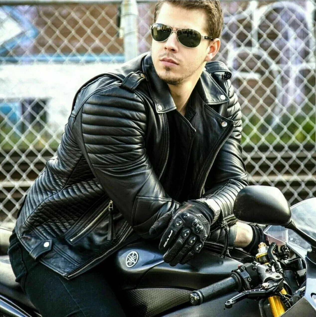 Mens Black Real Lambskin Quilted Biker Jacket Motorcycle Slim fit Leather Jacket