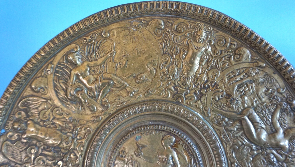 Bronze Teller Reliefteller Temperantia Darstellung 4 Elemente 19 Jhdt.(F024-723)