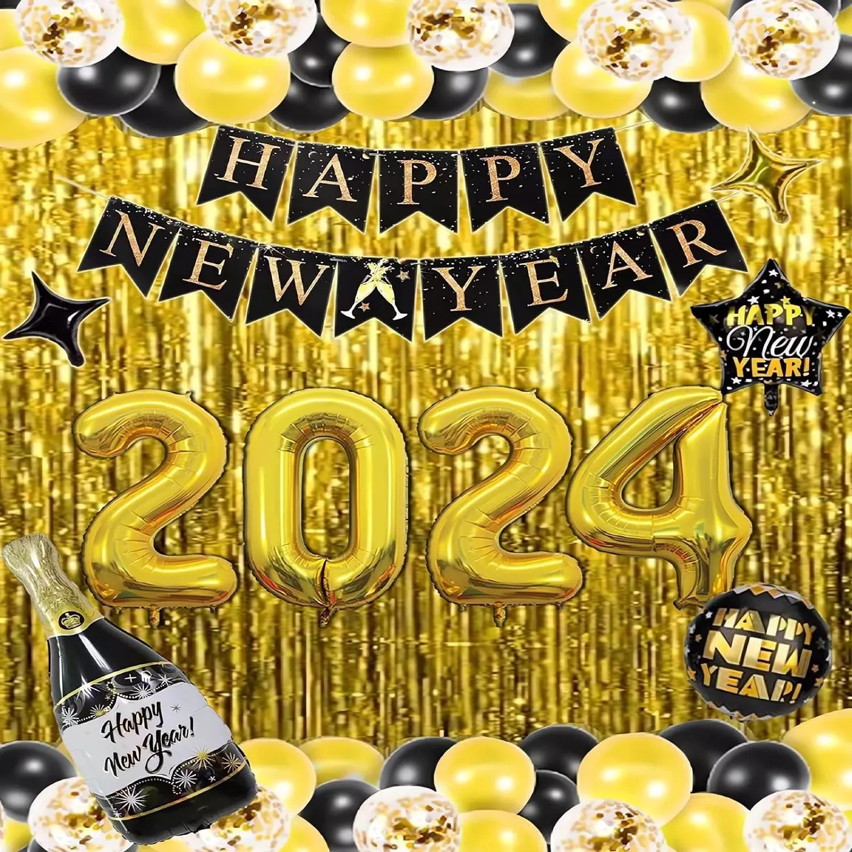 black gold new years balloons 2024