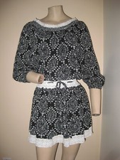 SWEET! Free People Boho Peasant Black/White Crochet Floral Print Mini Dress XS