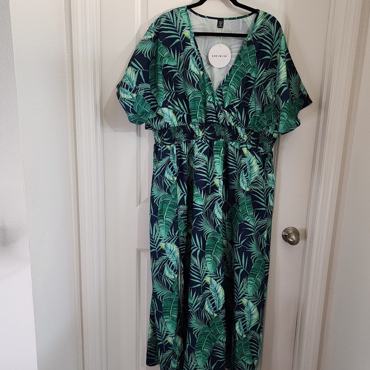shein blue and green dress Curve VCAY Womens sz 4XL Tropical Print Split Thigh Batwing Sleeve Detail: Ruffles