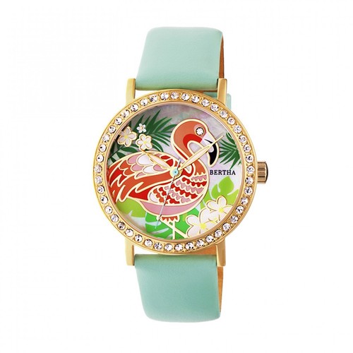 Bertha Luna Donna Madreperla Cristallo Flamingo Verde Menta Pelle Oro  Orologio | eBay