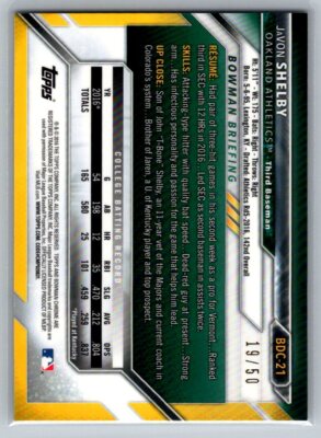 2016 Bowman Chrome #BDC-21 JaVon Shelby Gold 19/50 ATHLETICS